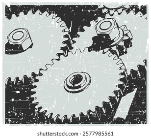 Stylized vector illustration of a mechanisms close-up retro poster