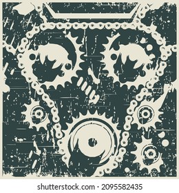 Stilvolle Vektorgrafik von Mechanismen, Zahnrädern und Kettenübertragungen im Retro-Posterstil