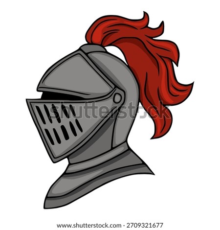 A stylized vector illustration of a medieval knight's helmet with a vibrant red plume, depicted in a profile view with bold outlines and smooth shading.
