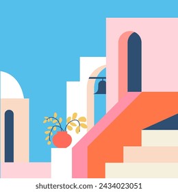 Stylized vector illustration of a Mediterranean scene with terracotta colors and archway, ideal for modern decor.