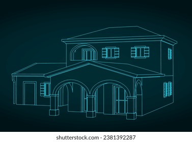Stylized vector illustration of a Mediterranean style manor house