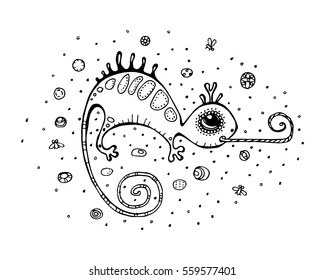 
stylized vector illustration Mexican chameleon, isolated, label. decorative printing on clothes