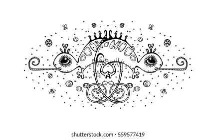 
stylized vector illustration Mexican chameleon, isolated, label. decorative printing on clothes