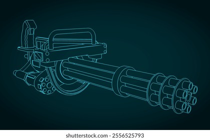 Stylized vector illustration of minigun blueprint
