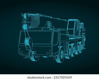 Stylized vector illustration of mobile crane with powerful long telescopic boom close up