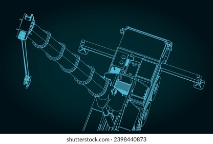 Stylized vector illustration of mobile crane with powerful long telescopic boom close up