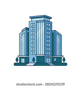 A stylized vector illustration of a modern blue commercial office building complex with glass windows and minimalist architectural design