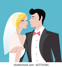 A stylized vector illustration of a modern bride and her handsome groom. The wedding couple is on a blue background.