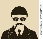 Stylized vector illustration of a modern detective character in silhouette style, featuring a hat, sunglasses, mustache, and pipe.