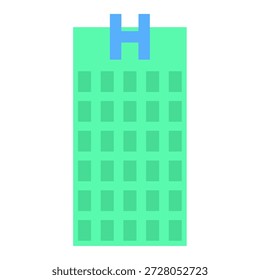 Ilustración vectorial estilizada de un moderno edificio hotelero con múltiples ventanas y un diseño limpio y verde, ideal para viajes, hospitalidad y conceptos inmobiliarios.
