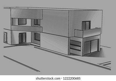 Stylized vector illustration of modern house sketch
