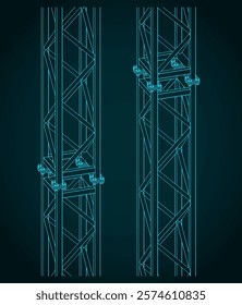 Stylized vector illustration of modular metal truss blueprints close-up
