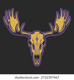 A stylized vector illustration of a moose skull with large antlers, presented in a bold, graphic style with purple and yellow colors against a dark background.