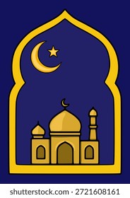 Ilustração de vetor estilizado de uma mesquita com uma lua crescente e estrela contra um céu noturno azul profundo, emoldurado por um arco dourado ornamentado.