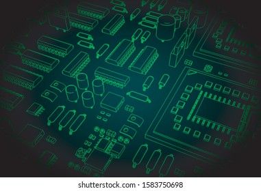 Stylized vector illustration of a motherboard and microelectronics on it closeup