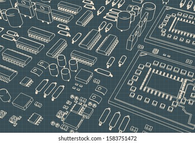 Stylized vector illustration of a motherboard and microelectronics on it closeup