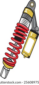 Stylized vector illustration of a motorcycle shock absorber with a vibrant red coil and gold details, perfect for automotive and mechanical design projects