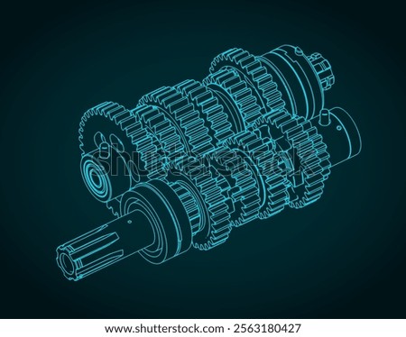 Stylized vector illustration of a motorcycle transmission blueprint