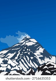 Ilustración vectorial estilizada del Monte Everest, la cima más alta del mundo, contra un vibrante cielo azul. Perfecto para viajes, naturaleza, aventura y conceptos al aire libre.
