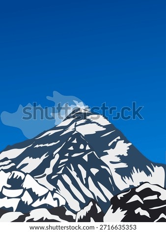 Stylized vector illustration of Mount Everest, the world's highest peak, against a vibrant blue sky. Perfect for travel, nature, adventure, and outdoor concepts.