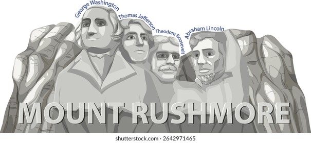Stylized vector illustration of Mount Rushmore with bold lettering. Features grayscale tones and clean lines for a modern look