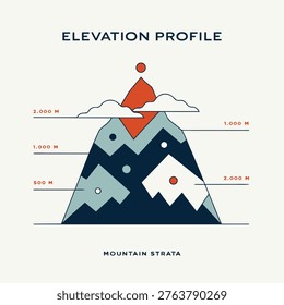 Stylized vector illustration of a mountain elevation profile showing layered geological strata, altitude markers, and summit peak. Modern flat design with clean shapes and labeled heights, ideal for educational, environmental, and infographic use.