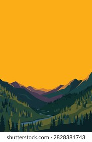 A stylized vector illustration of a mountain valley with a winding river and evergreen forests under a vibrant orange sunset sky.