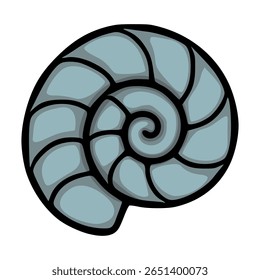 A stylized vector illustration of a nautilus shell with a segmented, layered design in cool blue tones, featuring bold black outlines for a striking graphic effect.