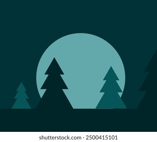 Stylized vector illustration of night landscape with full moon and pine trees.