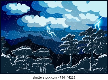 Stylized vector illustration of a night landscape of a forest. Thunderstorm lightning and rain.