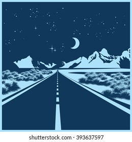 Stylized vector illustration of a night route through the mountain valley