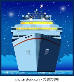 Stylized vector illustration of an ocean liner at night