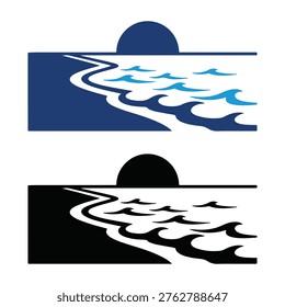 Stylized vector illustration of ocean waves and sun during sunset or sunrise on the beach isolated on transparent background, Vector