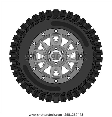 Stylized vector illustration of an offroad tire with detailed tread and silver rim. Isolated, perfect for automotive or adventure themes