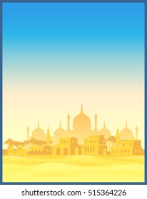 Stylized vector illustration of the old Arab town at middle of the desert. Seamless horizontally if needed