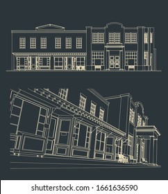 Dibujo vectorial estilizado de un edificio histórico antiguo. Calles con fachadas de tiendas y vitrinas de cafés