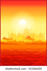 Stylized vector illustration of the old Middle East city on the banks in the last rays of the sun. Seamless horizontally if needed