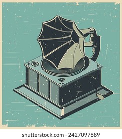 Ilustración vectorial estilizada del viejo gramófono vintage en estilo de póster retro