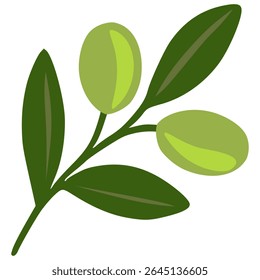 A stylized vector illustration of an olive branch with two olives and several leaves, showcasing a minimalist design with varying shades of green.