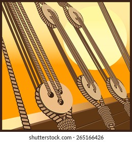 Stylized vector illustration on the marine theme of shipbuilding, sailing vessels, etc. Deadeye and ropes against the backdrop of the setting sun