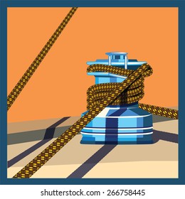Stylized vector illustration on the marine theme, sailing regattas and so on. yacht winch with rope