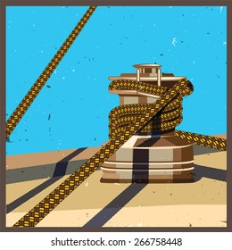 Stylized vector illustration on the marine theme, sailing regattas and so on. yacht winch rope. stylized as old film, or an old poster