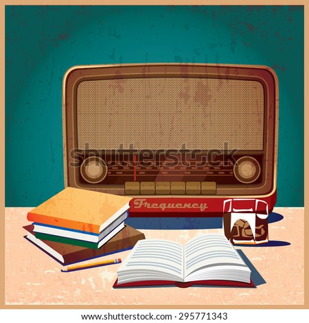 Stylized vector illustration on a retro theme. old radio, a glass of whiskey and a book.