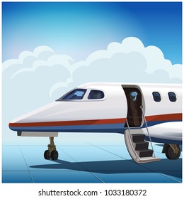 Stylized vector illustration on a theme of private aviation. Modern business jet at the airport