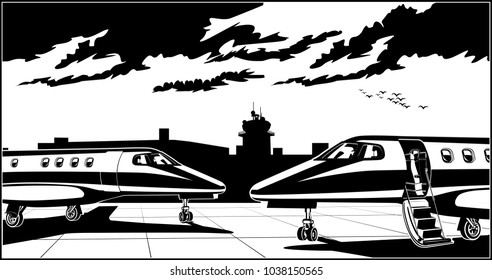 Stylized vector illustration on a theme of private aviation. Modern business jets at the airport