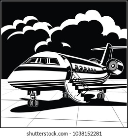 Stylized vector illustration on a theme of private aviation. Modern business jet at the airport