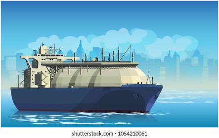 Stylized Vector Illustration On The Theme Of Marine Transportation. Large Liquefied Natural Gas Tanker Cargo Ship Leaving The Harbor