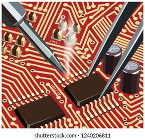 Stylized vector illustration on the theme of circuit design, repair and upgrade of electronic components, soldering chips on the board.