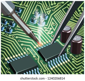 Stylized vector illustration on the theme of circuit design, repair and upgrade of electronic components, soldering chips on the board.