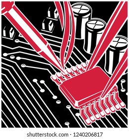 Stylized vector illustration on the theme of circuit design, repair and upgrade of electronic components, soldering chips on the board.
